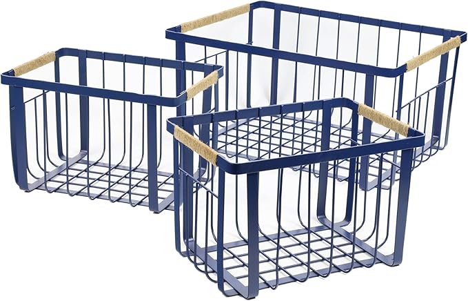 happimess BSK3003D-3SET Henley Vintage Farmhouse Wire Metal Nesting Storage Baskets with Jute Wrapped Handles for Shelves, Cabinets, Pantry, Countertop, Mesh Open Bin Basket, Navy (Set of 3)