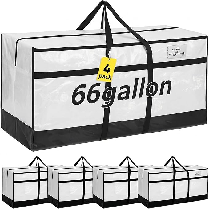 4 Pcs 66 Gallon Extra Large Moving Bags Heavy Duty Storage Bag with Strong Zipper Handle Foldable XXL Jumbo Storage Tote Packing Moving Box for College Dorm Travel Cloth Duffle(Black and White)
