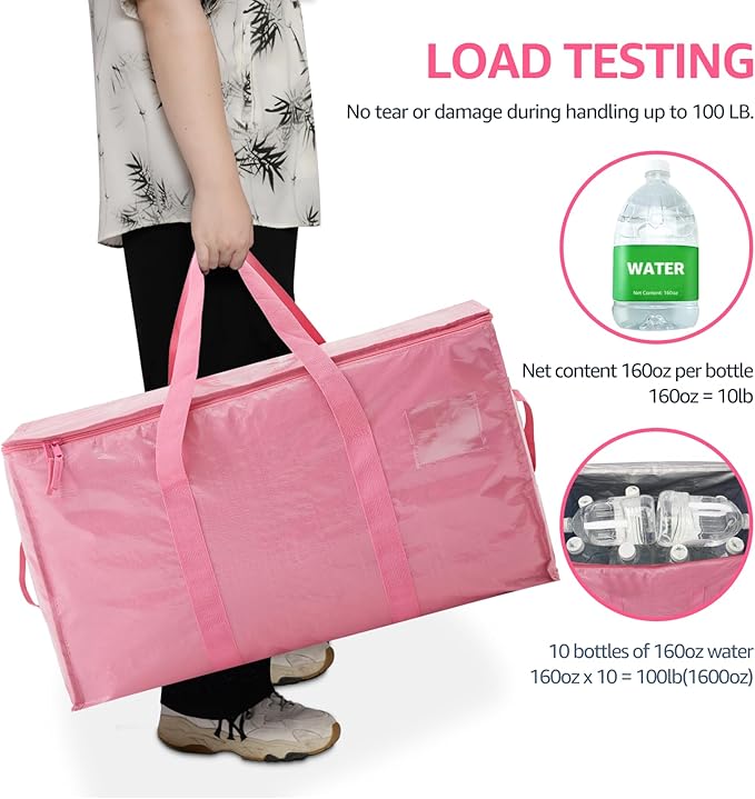 Moving Bags Heavy Duty Extra Large, Moving Boxes, Moving Supplies Essentials,Storage Bins with Lids, Plastic Packing Totes, Storage Bags for Clothes with Handles & Zippers(Pink, 4 Pack)