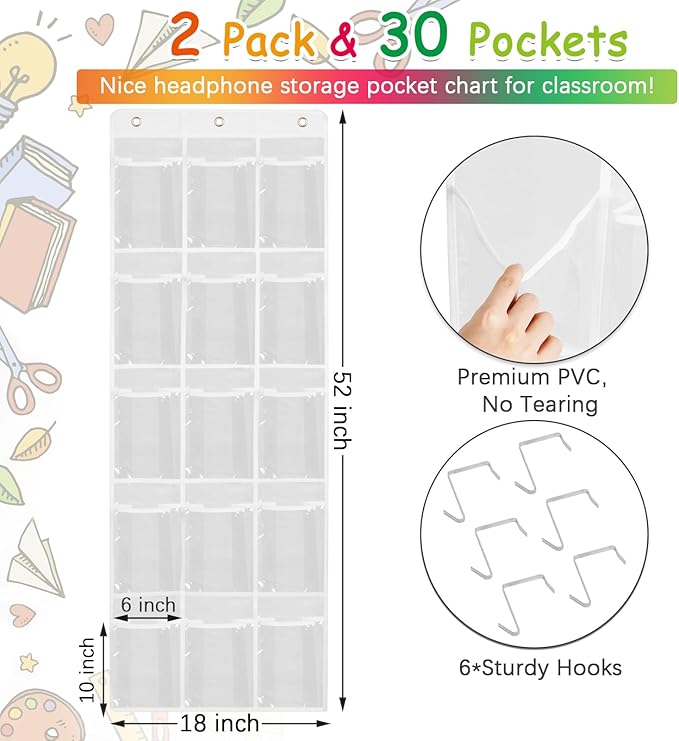 2 Pack Classroom Headphone Storage Organizer with 30 Pockets, PVC Clear Classroom Pocket Chart for Headphone Cell Phone Over-the-Door Hanging Headphone Holder Bag with 62 Labels(White)