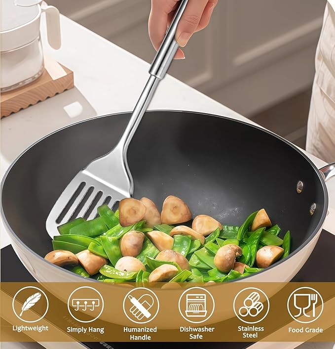 Stainless Steel Cooking Utensils Set, 25pcs Kitchen Utensils Set with Holder, Heat Resistant Kitchen Utensils Sets for Cooking with Turners, Potato Masher, Skimmer, Spoons, Tongs, Whisk
