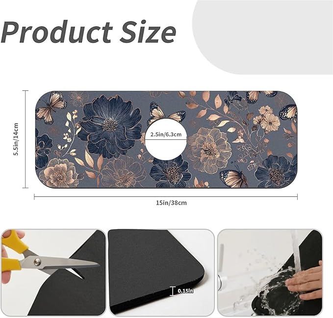 Kitchen Sink Splash Guard，Graceful butterfly flowers Faucet Mat Sink Gadgets-Super Absorbent Fast Drying Mat Drip Catcher for Kitchen, Bathroom,Sink Mat, Dish Drying Mat, Bathroom(15" X 5.5" )