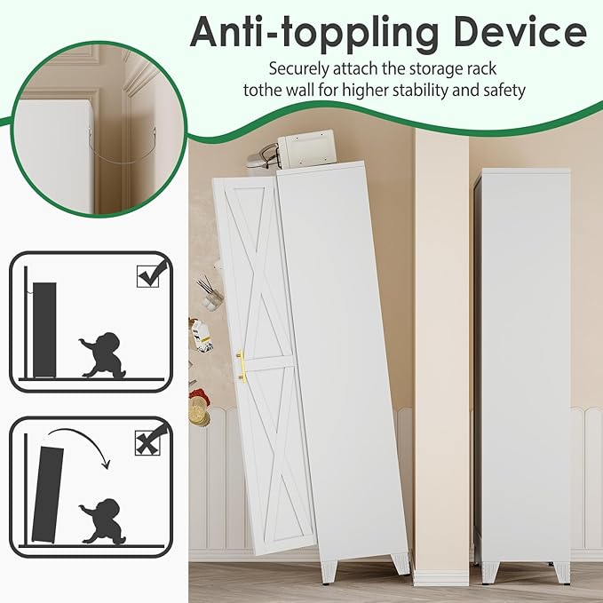 71" Tall Kitchen Pantry Cabinet, Metal Storage Cabinet with 2 Doors and 4 Adjustable Shelves, White Food Pantry Cupboard for Kitchen, Dining Room, Living Room and Bathroom (White)