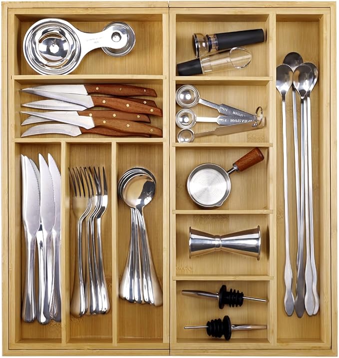 MH MYLUNE HOME Large Bamboo Expandable Drawer Organizer, Silverware Organizer for Drawers, 16 to 30 Inches Wide, 7-13 Slots, Kitchen Drawer Organizers for Utensils, Bamboo Wood Cutlery Organizers