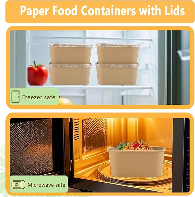 Gdotmely 50 Pack Paper Food Containers with Lids,35 oz Kraft Paper Bowls,Cardboard Meal Prep Containers with Lids for Salad,Snacks,Desserts,Hot/Cold Food,Rectangular Disposable Bowls