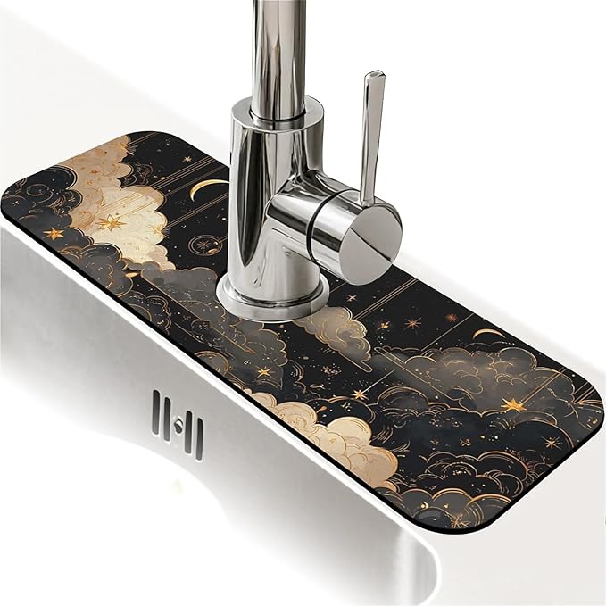 Kitchen Sink Splash Guard，clouds, stars,moons Faucet Mat Sink Gadgets-Super Absorbent Fast Drying Mat Drip Catcher for Kitchen, Bathroom,Sink Mat, Dish Drying Mat, Bathroom(15" X 5.5" )