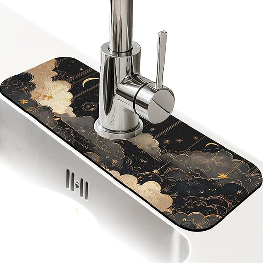 Kitchen Sink Splash Guard，clouds, stars,moons Faucet Mat Sink Gadgets-Super Absorbent Fast Drying Mat Drip Catcher for Kitchen, Bathroom,Sink Mat, Dish Drying Mat, Bathroom(15" X 5.5" )