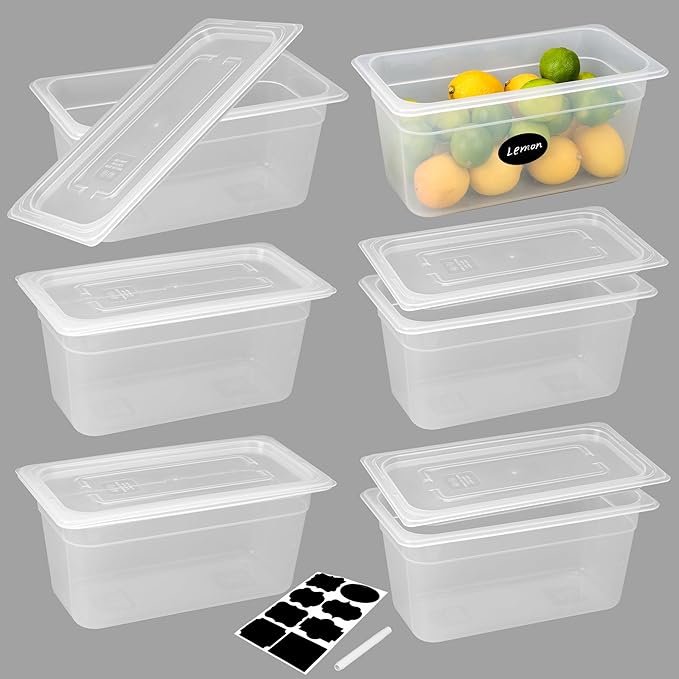 BIEAMA 6 Pack Plastic Food Pans with Lids, 1/3 Size 6'' Deep, Translucent, Commercial, BPA-free, Stackable Storage for Restaurants, Buffets