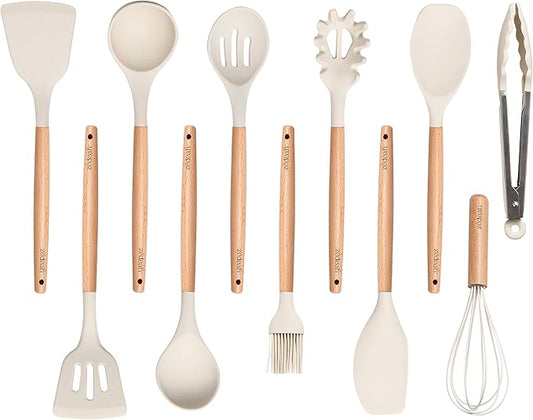 ZEDEAH 11-Piece Silicone Kitchen Utensils Set with Non Toxic Spatula, Tongs, Whisk, Turner & Ladle – Heat Resistant, Non-Scratch Cooking Tools with Wooden Handles, BPA-Free, Dishwasher Safe (Beige)