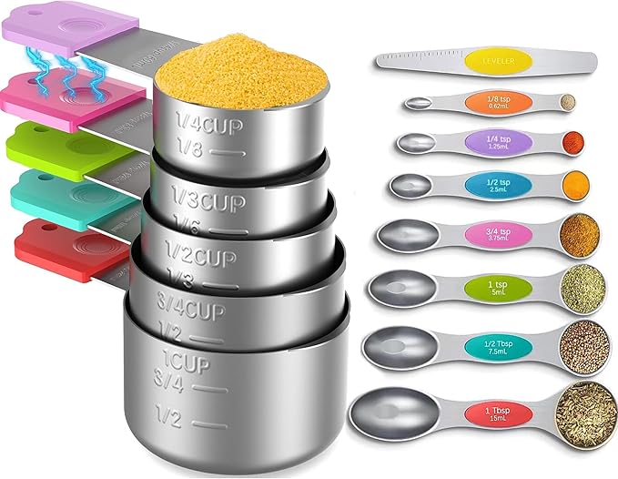 Minteem Magnetic Measuring Cups and Spoons Set, 5 Nesting Stainless Steel Measuring Cup Set with Easy to Read Markings, 7 Magnetic Measuring Spoons & 1 Leveler for Measuring Dry or Liquid Ingredients