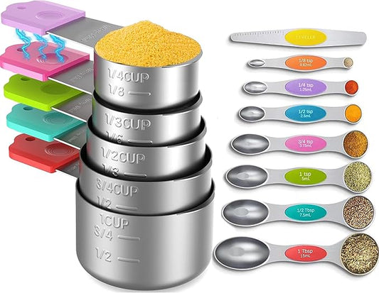 Minteem Magnetic Measuring Cups and Spoons Set, 5 Nesting Stainless Steel Measuring Cup Set with Easy to Read Markings, 7 Magnetic Measuring Spoons & 1 Leveler for Measuring Dry or Liquid Ingredients
