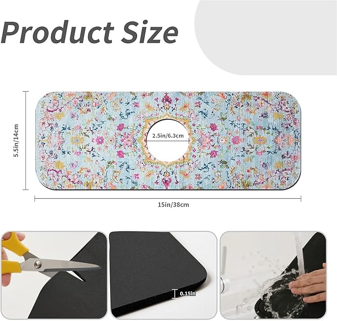 Kitchen Sink Splash Guard，Bohemian style flowers Faucet Mat Sink Gadgets-Super Absorbent Fast Drying Mat Drip Catcher for Kitchen, Bathroom,Sink Mat, Dish Drying Mat, Bathroom(15" X 5.5" )
