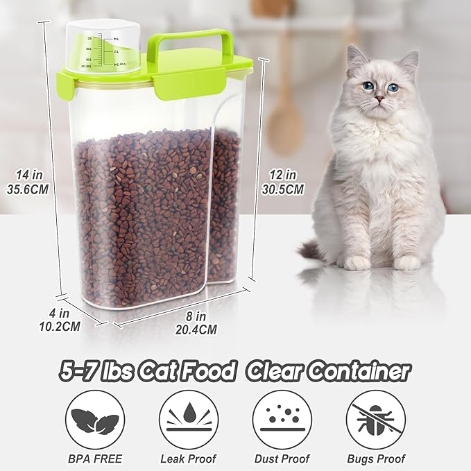 5-7Lbs/6Qt Dog Cat Storage Container Portable with Upgraded Large Spout and Cup, Plastic Pet Food Dispenser for Small Animal Kibble, Bird Bird Seed, Oatmeal, Rice, Flour, Brown Sugart-Bright Green
