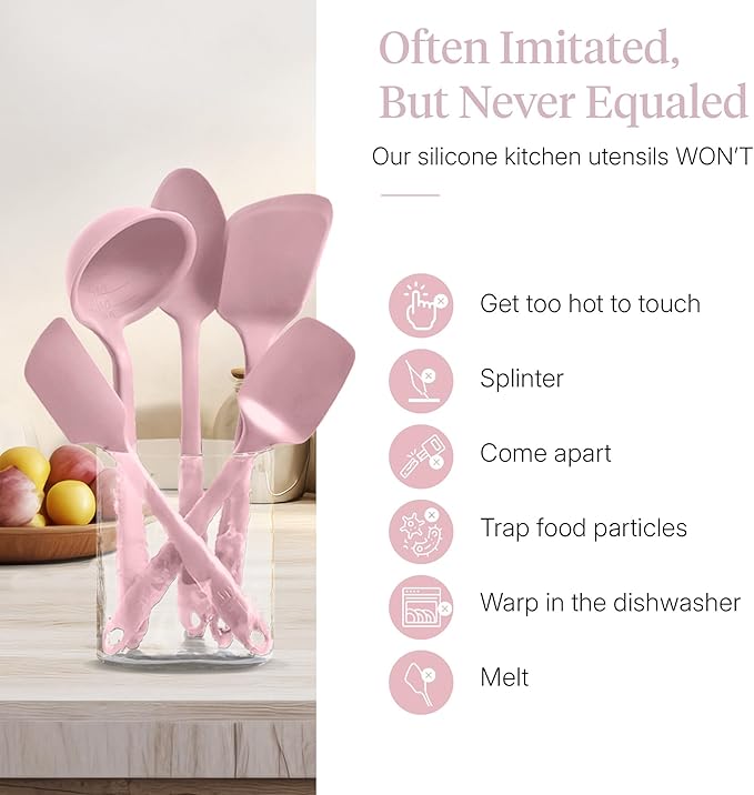GIR: Get It Right - 5 Piece Essentials All Purpose Set - Ladle, Spatula, Flip, Spoon & Spoonula, Non-stick, Heat Resistant, Dishwasher Safe, Kitchen Utensils, Baking Supplies - Rose