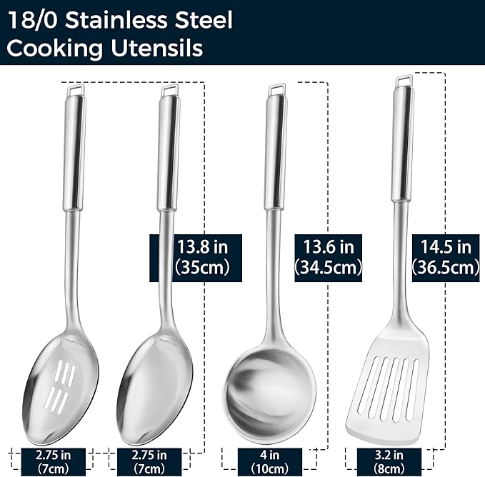 MUJINON 18/0 Stainless Steel Kitchen Cooking Utensil Set, Ergonomic Handle, Dishwasher Safe, Slotted Spoon, Ladle, Turner, Serving Spoon for Housewarming Daily Use Commercial, Pack of 4