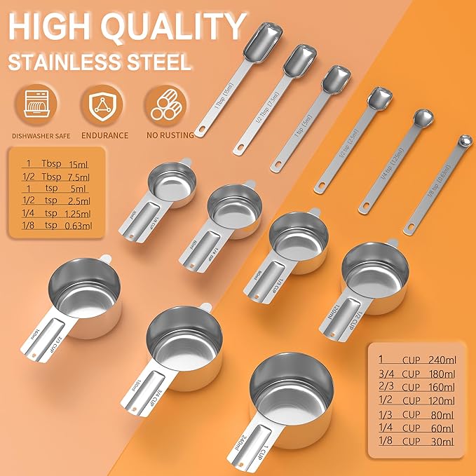 Minteem Stainless Steel Measuring Cups & Spoons Set for Cooking and Baking, Nesting Measuring Cups Measuring Spoons for Measuring Dry or Liquid Ingredients, Kitchen Gadgets, 13Pack