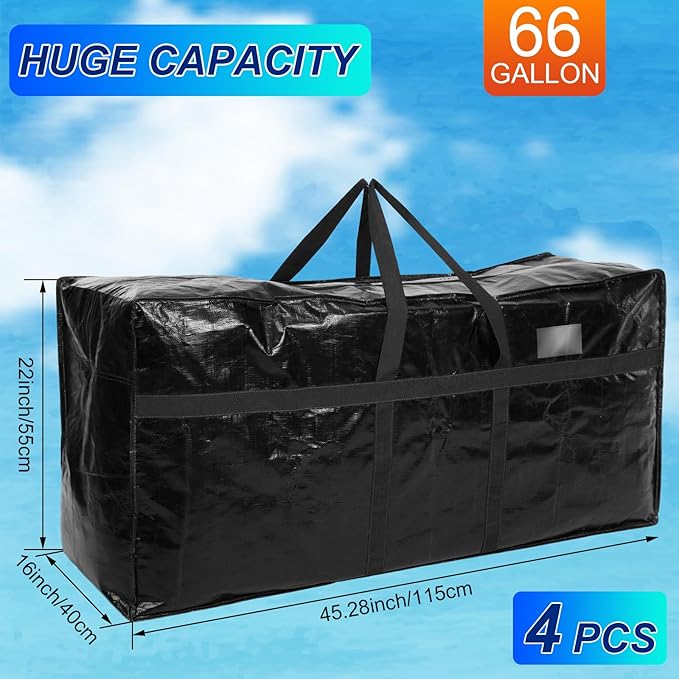 4 Pcs 66 Gallon Extra Large Moving Bags Heavy Duty Storage Bag with Strong Zipper Handle Foldable XXL Jumbo Storage Tote Packing Moving Box for College Dorm Travel Cloth Duffle (Black, Blue)