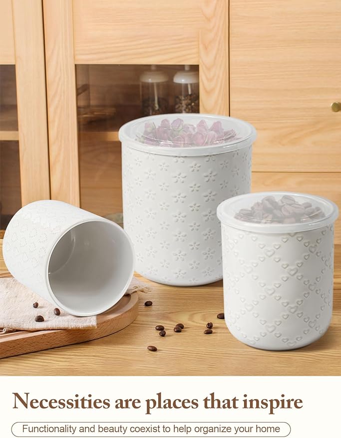Kitchen Utensil Holder for Countertop, Ceramic Utensil Holder for Kitchen Counter, Set of 3, Kitchen Decor, Utensil Organizer for Spatulas and Spoons, Flower Arrangement and Storage for Coffee (White)