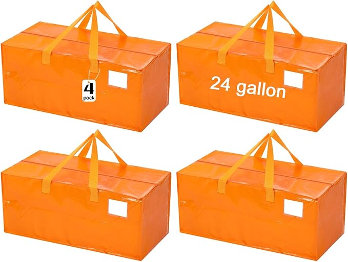 4 Pcs 24 Gallon Extra Large Moving Bags Heavy Duty Storage Bag with Strong Zipper Handle Foldable XXL Jumbo Storage Tote Packing Moving Box for College Dorm Travel Cloth Duffle (Jelly Orange)