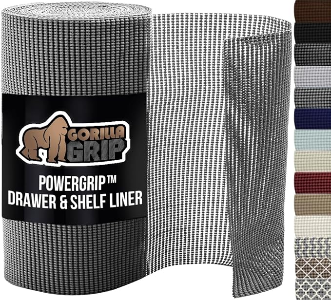GORILLA GRIP powerGRIP Drawer Shelf and Cabinet Liner, Thick Strong Hold, Non-Adhesive Liners Protect Kitchen Cabinets and Cupboard, Bathroom Drawers, Easy Install, Breathable Mat, 20" x20', Gray