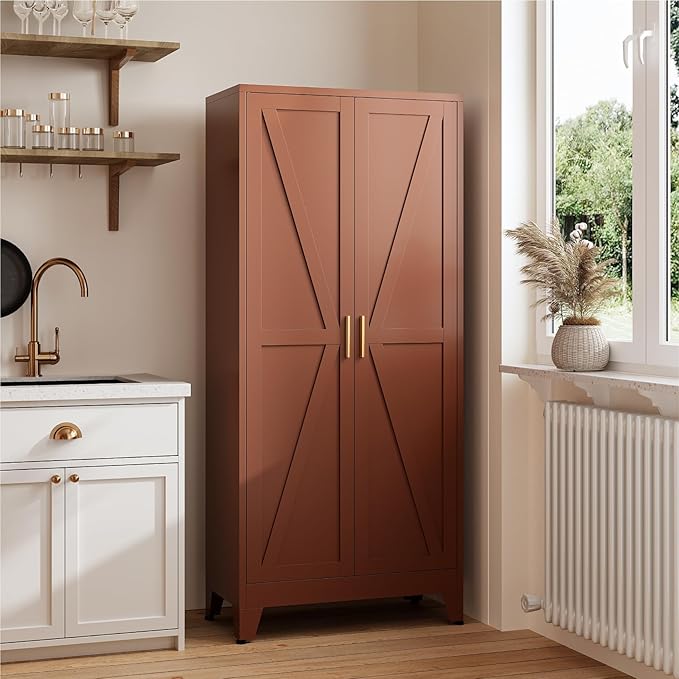 YNIQUESTLE Farmhouse Pantry Cabinet with Barn Doors, 71" H x 31.5" W, 5-Tier Metal Storage Cabinet with 4 Adjustable Shelves for Kitchen Garage Dining Room,Brown