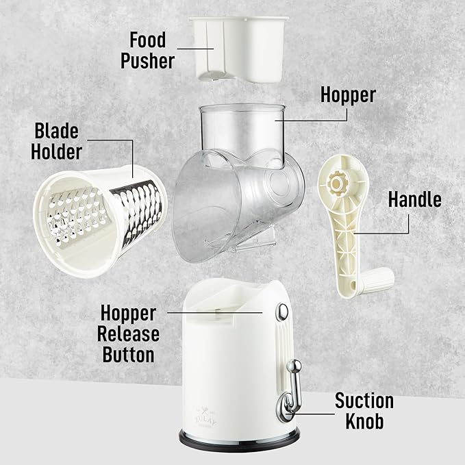 Zulay Kitchen Rotary Cheese Grater 5 Blade Cheese Shredder - Manual Hand Crank Cheese Grater With Reinforced Suction & 5 Interchangeable Drums - Easy to Use, Vegetable Chopper Round Mandoline Slicer