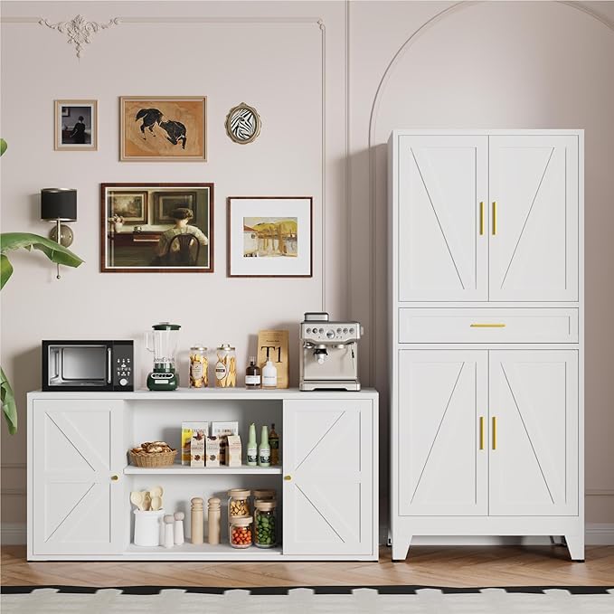 LCAOPC 71" Tall Pantry Storage Cabinet with Drawer and Adjustable Shelves, Freestanding Tall Kitchen Cupboard Storage Cabinet for Kitchen,Dining Room, Living Room, White