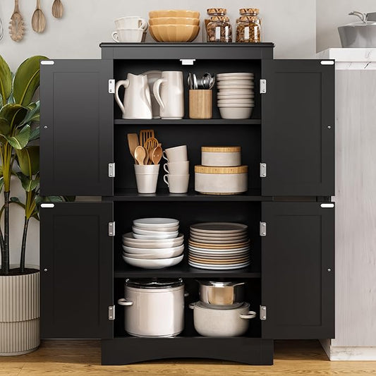 Gizoon 43" Kitchen Pantry Cabinet, Freestanding Floor Cabinet with Adjustable Shelves and 4 Magnetic Doors, Bathroom Storage Unit, for Kitchen, Living Room, Black