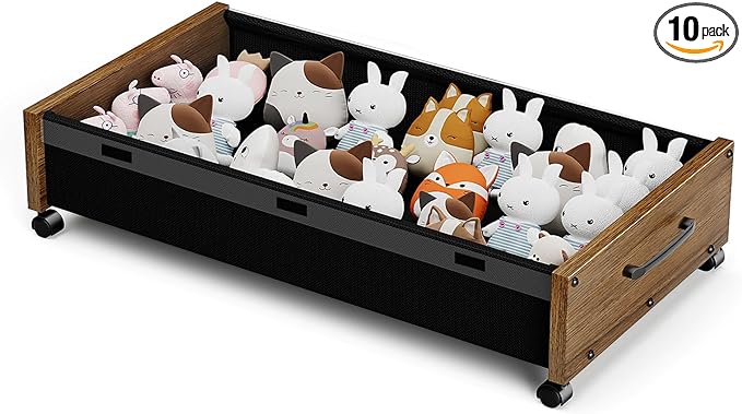 KITHELP Wooden Under Bed Storage with Wheels, Rolling Under the Bed Storage Bins with Removable Lid, Metal Under Bed Drawers for Clothes and Shoes in Bedroom or Living Room(Walnut Brown-1pack)