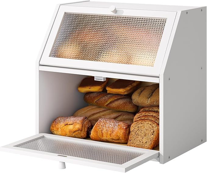 STDDRE Bread Box for Kitchen Countertop Bin Double Layer Bread Box Storage Container Extra Large Capacity with Diamond Pattern Windows (White, Extra Large)