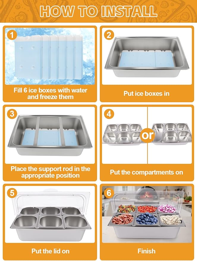 Lanstics 2P Pizza Topping Station 7 Pans Stainless Steel Spice Organizer Salad Bar Buffet Station with Spoons Ice Boxes Buffet Containers Set for Sauce Jam Ingredient Kitchen Restaurant Pantry