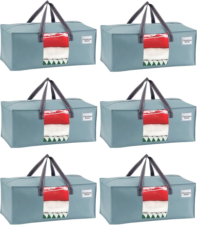 VENO 6 Pack Heavy Duty Moving Bags, Christmas Storage Bins with Lids, Transparent Window Design, Alternative to Moving Boxes, Storage Bags for Clothes, Blankets, Comforters (Light Blue Matte, 6 Pack)