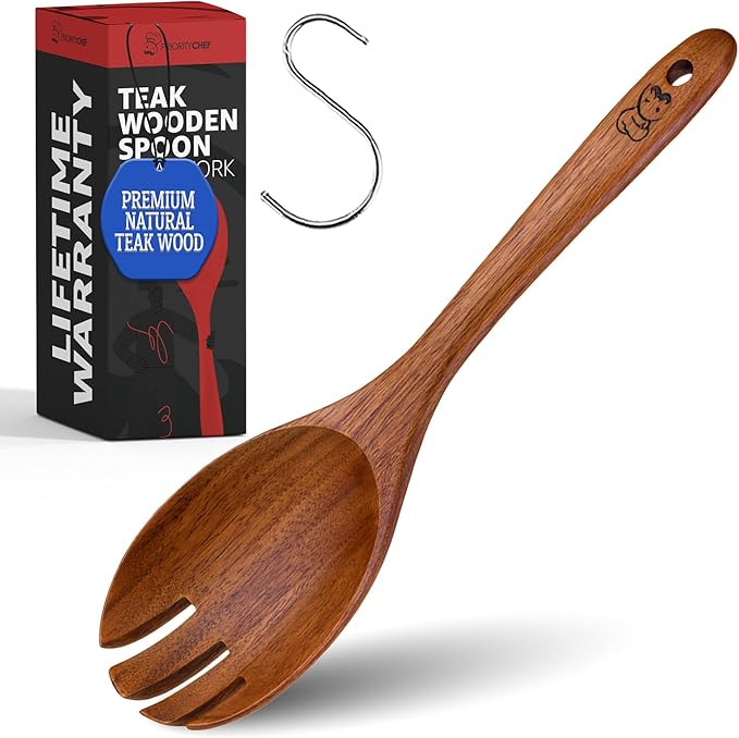Priority Chef Wooden Salad Server Fork – Single Teak Salad Serving Utensil for Tossing and Serving Greens, Pasta & Sides – Durable, Nonstick-Safe Kitchen Tool