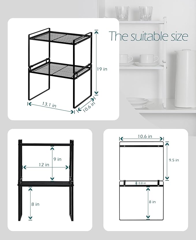 Shantton 2Pack Kitchen Cabinet Shelf Counter Organizer Rack Pantry Storage Bathroom Bedroom Office Table Desk Space Saving Stackable Rust Resistant Non Slip Black Tall Wide L13.1in W10.6in H9.5in