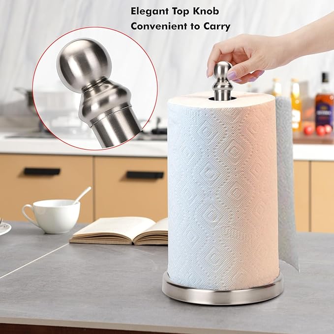 Exilon Paper Towel Holder Countertop with Weighted Base, One-Handed Design No Tipping Over, Stainless Steel Paper Towel Holder Stand in Brushed Nickel Finish