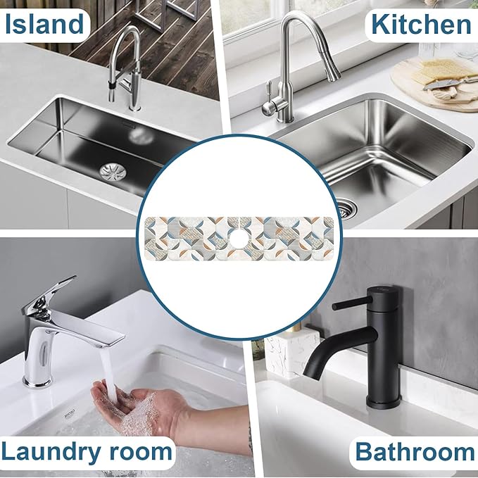 Ceramic Wall Tiles Kitchen Sink Splash Guard Faucet Mat Moroccan Graphics Super Absorbent Fast Drying Mat Sink Splash Guard Behind Faucet for Kitchen Bathroom, 23.5"x5.5"