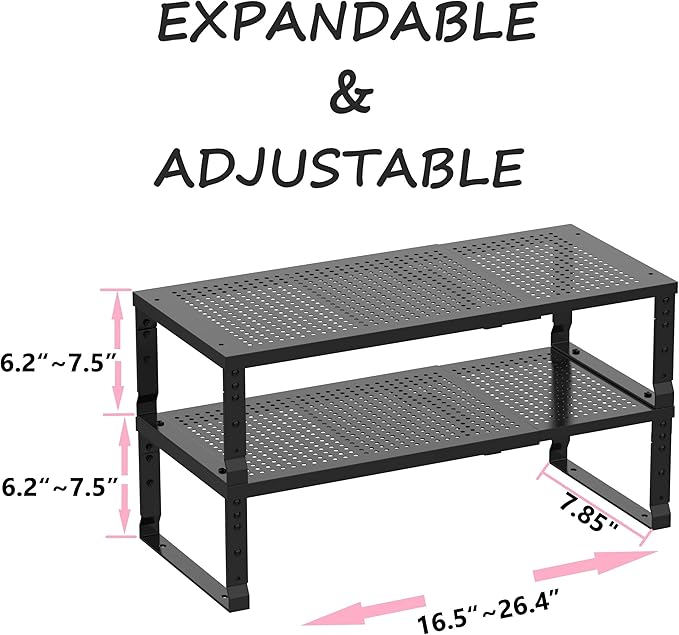 Asiingkel Metal Stackable Expandable Storage Shelf - Multi-Functional Home Storage Shelf, Suitable for Kitchen, Cabinet，Bathroom, Office, Garage, etc.（2PACKS/Black/Medium