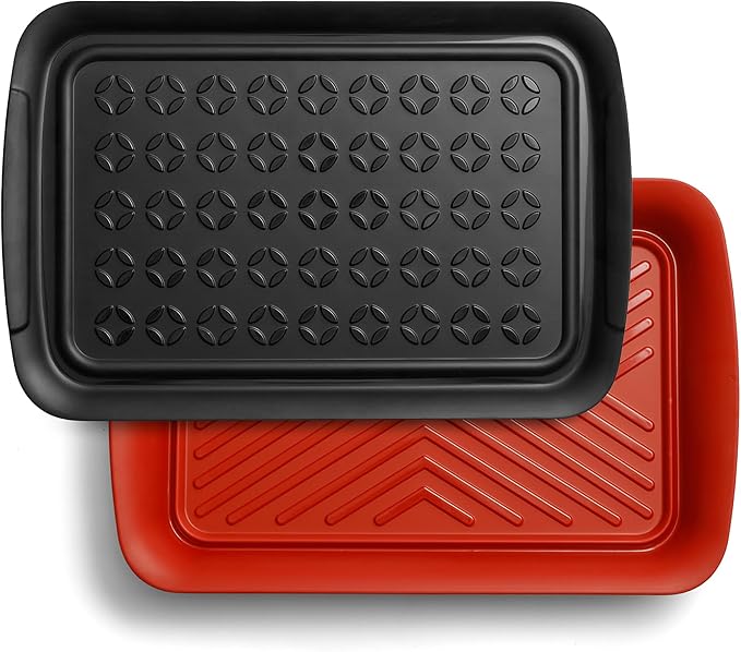 TP Deep Grilling Prep and Serve Trays, 18 x 12 inch BBQ Trays for Cooked and Raw Foods, Set of 2 Melamine Serving Platters for Meats, Grill Accessories, Black and Red