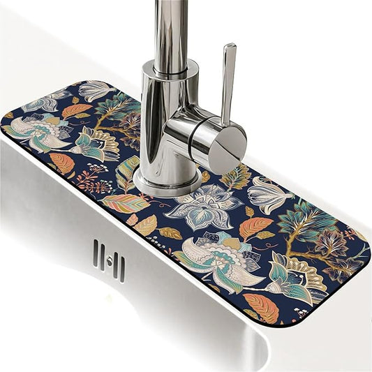 Kitchen Sink Splash Guard，Colorful flowers leaves Faucet Mat Sink Gadgets-Super Absorbent Fast Drying Mat Drip Catcher for Kitchen, Bathroom,Sink Mat, Dish Drying Mat, Bathroom(15" X 5.5" )