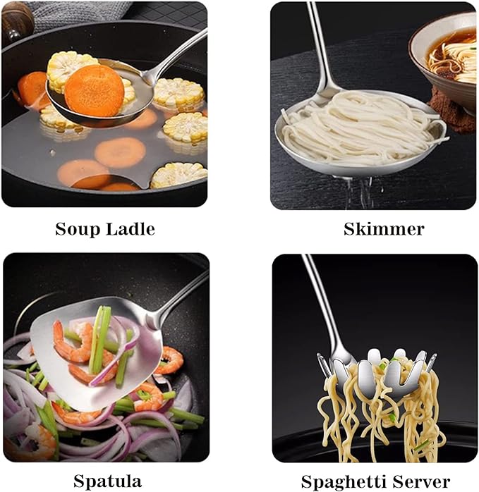 NIITAWH 18/10 Stainless Steel Kitchen Utensils Set, 6 Pcs Professional All Metal Cooking Utensils Set 12-13.6 Inch, Wok Spatula, Ladle, Skimmer, Slotted Spatula Turner, Spaghetti Spoon, Large Spoon