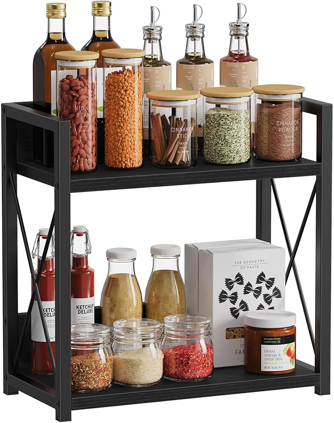 Giikin Kitchen Countertop Organizer, 2 Tier Coffee Bar Organizer, Black Spice Rack for Counter, Kitchen Counter Shelves (Black, L)