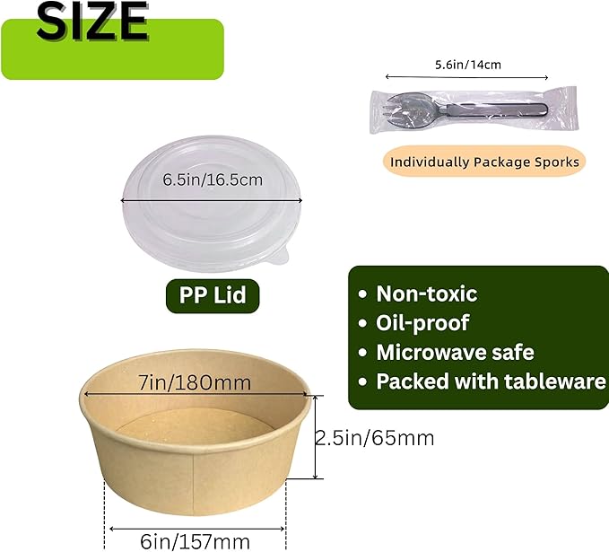 ganfaner 47 OZ Disposable Round Paper Bowls Extra Large 50 Sets, Meal Prep Food Container Box w Lids Sporks, Spill-Proof Salad Bowls To Go Microwave, Perfect for Large Size Food without Bending