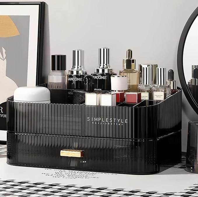 Decorcode Makeup Organizer for Vanity, Large Desk Organizer with Stackable Drawer for Cosmetics, Skincare, Lipsticks, Palette, Nail Care, Ideal Storage for Dresser and Bathroom Countertop- Black