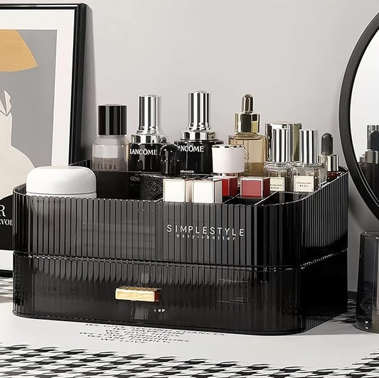 Decorcode Makeup Organizer for Vanity, Large Desk Organizer with Stackable Drawer for Cosmetics, Skincare, Lipsticks, Palette, Nail Care, Ideal Storage for Dresser and Bathroom Countertop- Black