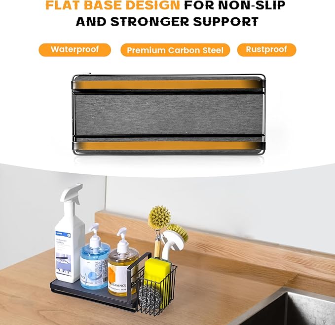 KONE Black Kitchen Sink Caddy: Kitchen Sponge Holder with Instant Drying Stone and Brush Holder, Rustproof Sink Organizer for Sponges, Soap, Home Decor Storage and Organization
