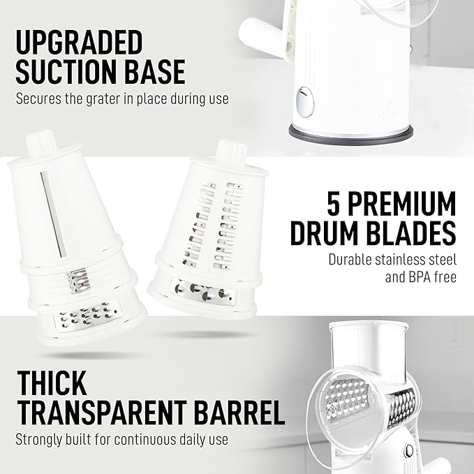 Zulay Kitchen Rotary Cheese Grater 5 Blade Cheese Shredder - Manual Hand Crank Cheese Grater With Reinforced Suction & 5 Interchangeable Drums - Easy to Use, Vegetable Chopper Round Mandoline Slicer