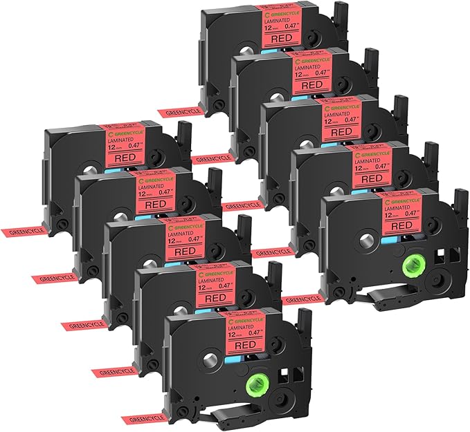 GREENCYCLE 10 Pack Compatible for Ptouch TZe-431 AZE 431 TZ431 TZ-431 1/2" 12mm 0.47 inch Laminated Black on Red TZ TZe Label Tapes Used in PTH110 PT-D200 PTD600 D400 Label Makers