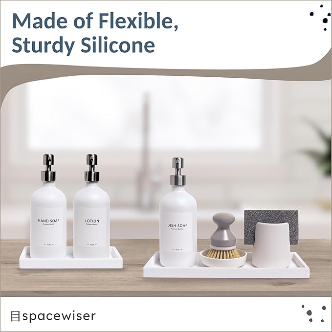 Spacewiser Countertop and Vanity Tray - 2 PC (11” and 7”) Shatterproof Silicone Kitchen and Bathroom Trays for Counter, Kitchen Soap Dispenser Tray, Vanity Trays for Bathroom, Perfume Key Tray