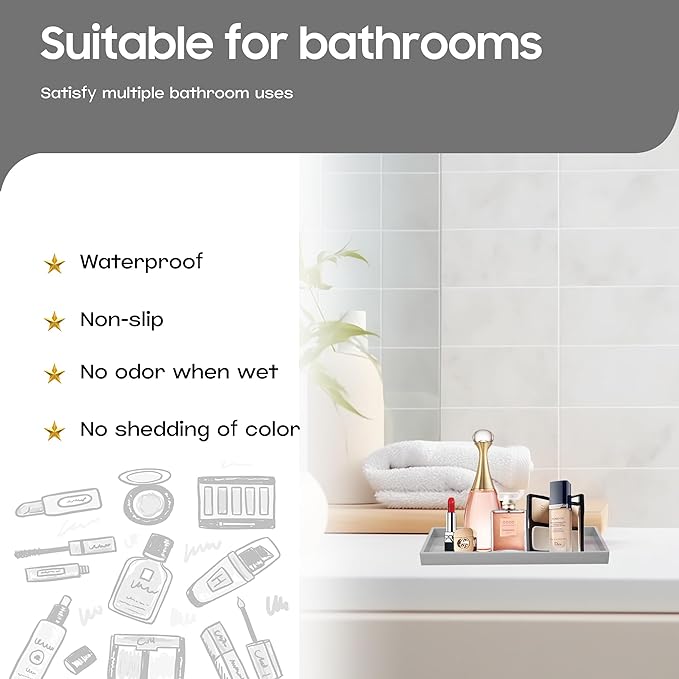 Mriluvy Vanity and Bathroom Tray, 7.7" ABS Countertop Organizer,Waterproof Vanity Tray for Toilet Tank,Perfume,Soap,Keys,Bathroom Accessories,Kitchen and Bath Trays,Non Slip Small Trays,Gray