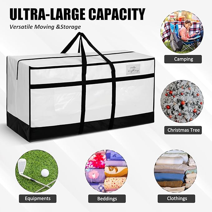 4 Pcs 66 Gallon Extra Large Moving Bags Heavy Duty Storage Bag with Strong Zipper Handle Foldable XXL Jumbo Storage Tote Packing Moving Box for College Dorm Travel Cloth Duffle(Black and White)